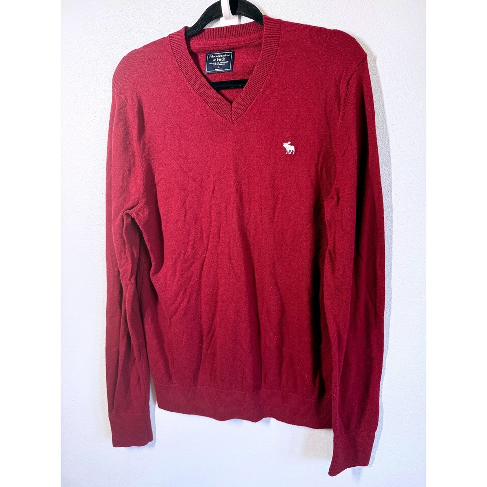 Abercrombie & Fitch Mens Burgundy V-Neck Sweater Logo Size L Red Preppy Classic